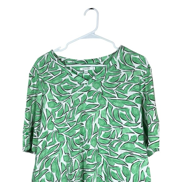 Chico’s‎ Size 3 XL Green White Leaf Print V-Neck Pima Cotton Elbow Sleeve Top - Picture 3 of 12